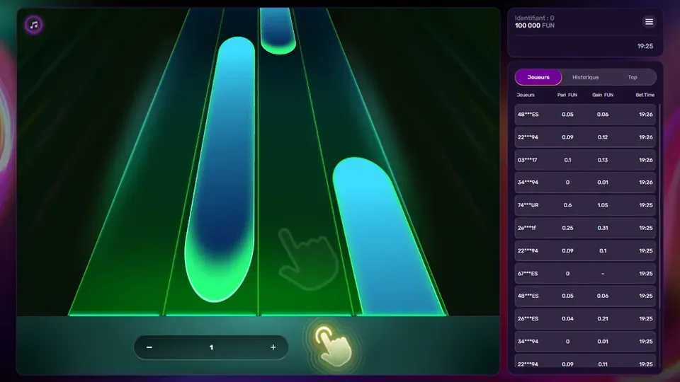 Écran de Play Me sur ordinateur : des tuiles lumineuses sur quatre pistes, la mise en bas, le fil des joueurs à droite