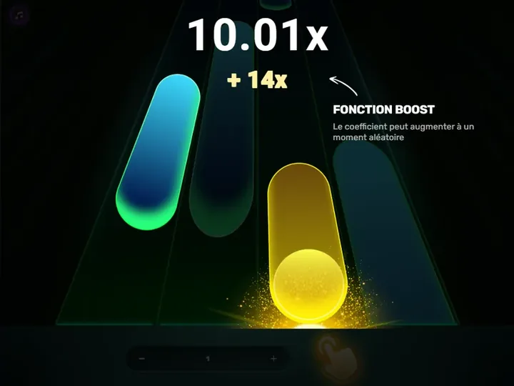 Tutoriel de Play Me : la tuile dorée du boost, le compteur à 10,01x et la mention « Fonction boost »