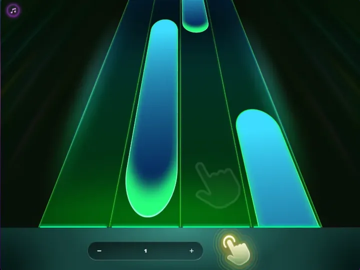 Play Me : quatre pistes de tuiles et le champ de mise réglé sur 1